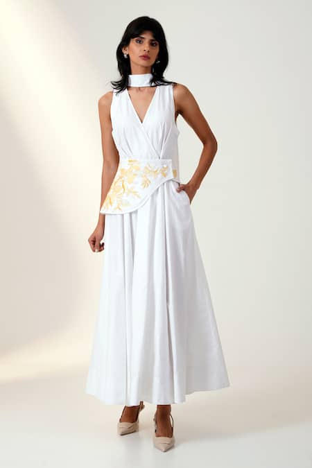 Madder Much_White Poplin, Cotton Embroidery Halter Neck Maxi Dress And Corset Belt _Online_at_Aza_Fashions