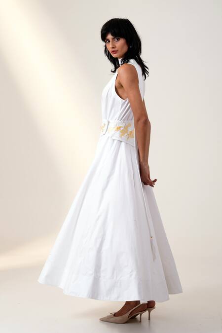 Buy_Madder Much_White Poplin, Cotton Embroidery Halter Neck Maxi Dress And Corset Belt _Online_at_Aza_Fashions