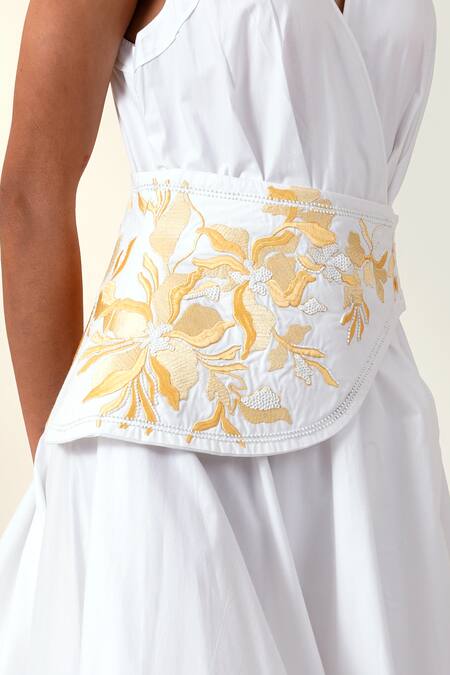 Madder Much_White Poplin, Cotton Embroidery Halter Neck Maxi Dress And Corset Belt _at_Aza_Fashions