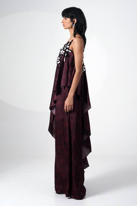 Madder Much_Brown Modal Applique Asymmetric Abstract Print Layered Jumpsuit _Online_at_Aza_Fashions