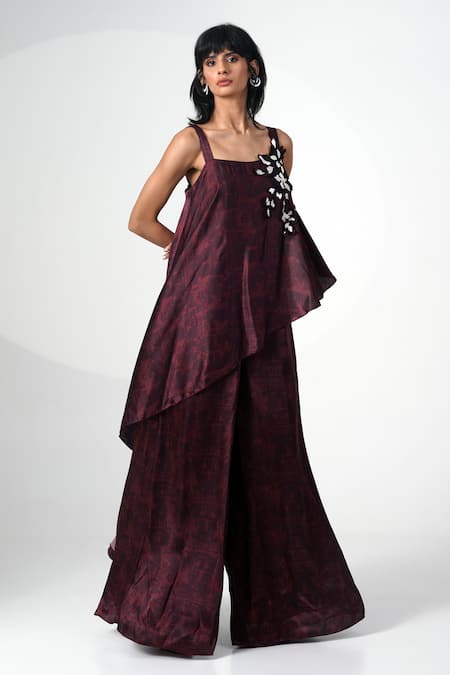 Buy_Madder Much_Brown Modal Applique Asymmetric Abstract Print Layered Jumpsuit _Online_at_Aza_Fashions