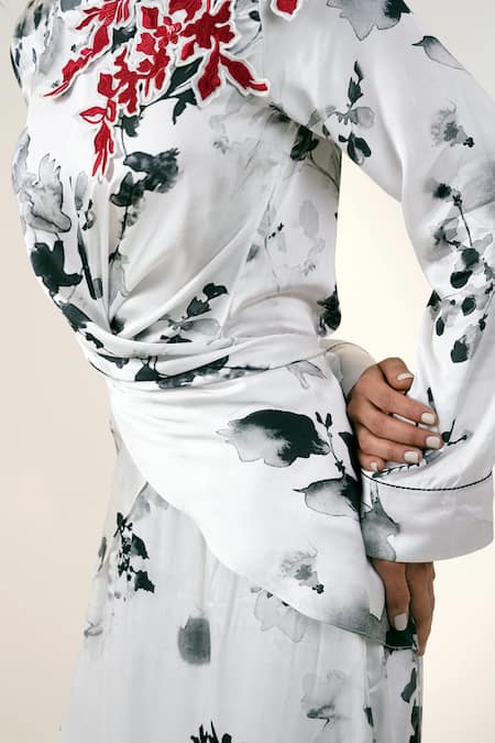 Buy_Madder Much_Multi Color Modal, Satin Applique Boat Neck Bloom Print Wrap Top And Column Skirt _Online_at_Aza_Fashions