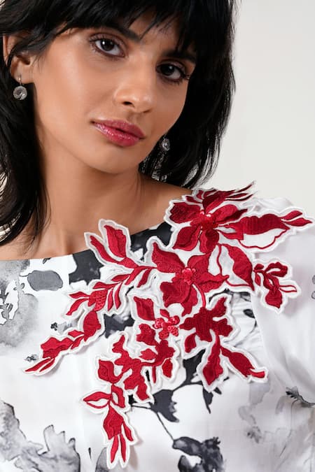 Shop_Madder Much_Multi Color Modal, Satin Applique Boat Neck Bloom Print Wrap Top And Column Skirt _Online_at_Aza_Fashions