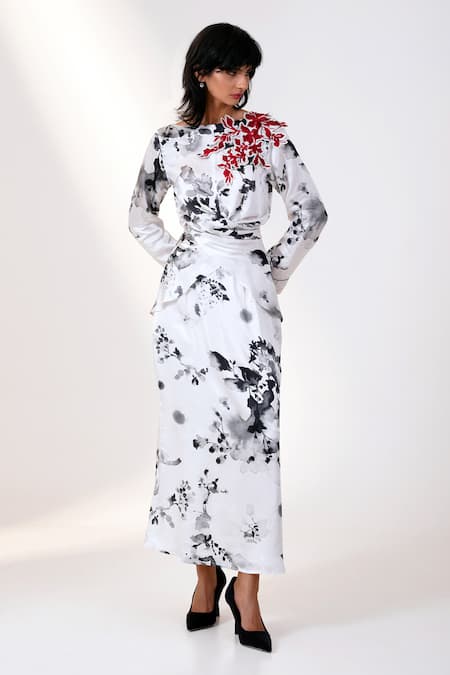 Madder Much_Multi Color Modal, Satin Applique Boat Neck Bloom Print Wrap Top And Column Skirt _at_Aza_Fashions