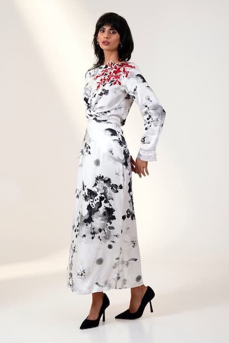 Buy_Madder Much_Multi Color Modal, Satin Applique Boat Neck Bloom Print Wrap Top And Column Skirt 