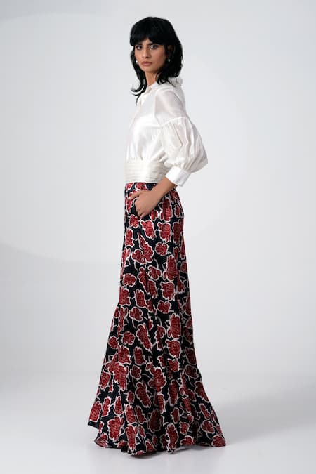Madder Much_White Modal, Satin, Chanderi Silk Balloon Sleeve Shirt And Floral Skirt Set _Online_at_Aza_Fashions