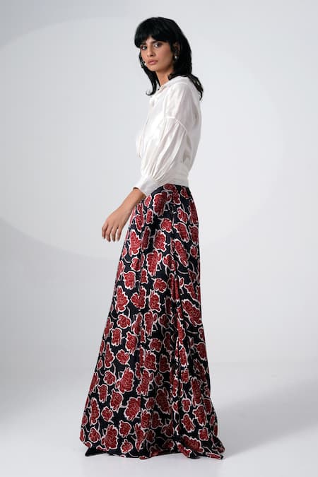 Shop_Madder Much_White Modal, Satin, Chanderi Silk Balloon Sleeve Shirt And Floral Skirt Set _Online_at_Aza_Fashions