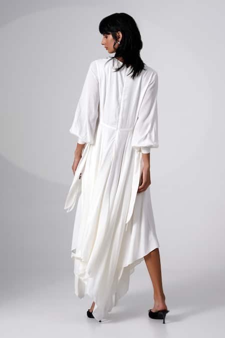 Madder Much_White Modal, Satin Applique V-neck, Open Balloon Sleeve Dress And Brown Jacket _Online_at_Aza_Fashions