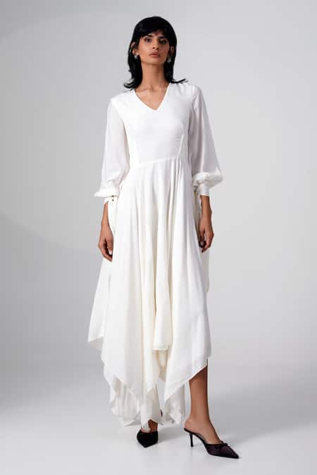 Buy_Madder Much_White Modal, Satin Applique V-neck, Open Balloon Sleeve Dress And Brown Jacket _Online_at_Aza_Fashions