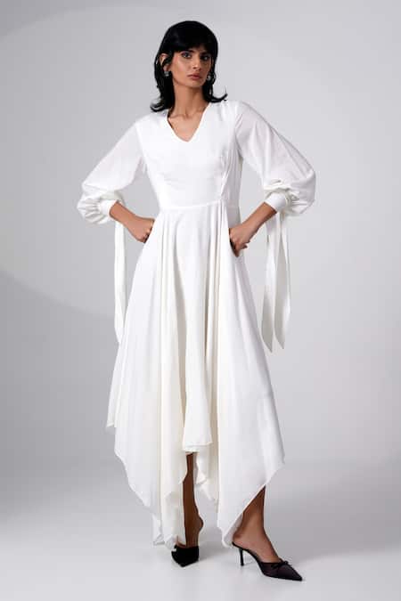 Shop_Madder Much_White Modal, Satin Applique V-neck, Open Balloon Sleeve Dress And Brown Jacket _Online_at_Aza_Fashions