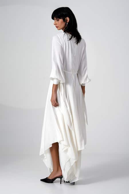 Madder Much_White Modal, Satin Applique V-neck, Open Balloon Sleeve Dress And Brown Jacket _at_Aza_Fashions