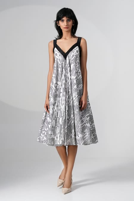 Madder Much Grey Chanderi Silk Abstract Print Midi Dress Online at Aza Fashions Madder Much_ Grey Chanderi Silk Abstract Print Midi Dress _Online_at_Aza_Fashions