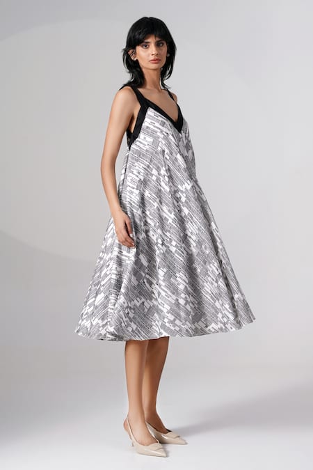 Shop Madder Much Grey Chanderi Silk Abstract Print Midi Dress Online at Aza Fashions Shop_Madder Much_ Grey Chanderi Silk Abstract Print Midi Dress _Online_at_Aza_Fashions