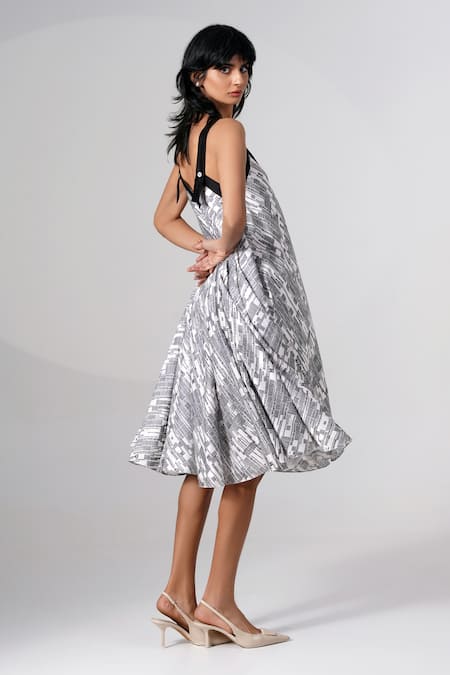 Shop Madder Much Grey Chanderi Silk Abstract Print Midi Dress at Aza Fashions Shop_Madder Much_ Grey Chanderi Silk Abstract Print Midi Dress _at_Aza_Fashions