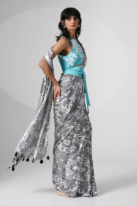 Madder Much Gray Modal, Chanderi Silk, Satin Abstract Print Saree Set With Floral Blouse Online at Aza Fashions Madder Much_Gray Modal, Chanderi Silk, Satin Abstract Print Saree Set With Floral Blouse _Online_at_Aza_Fashions