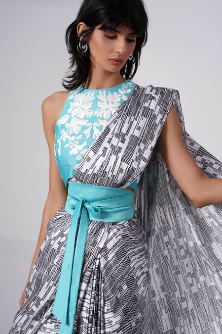 Buy Madder Much Gray Modal, Chanderi Silk, Satin Abstract Print Saree Set With Floral Blouse Online at Aza Fashions Buy_Madder Much_Gray Modal, Chanderi Silk, Satin Abstract Print Saree Set With Floral Blouse _Online_at_Aza_Fashions