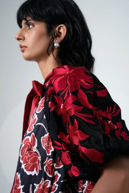 MADDER MUCH_Black Silk, Modal Embroidery Round Neck Floral Print Puffed Sleeves Dress _Online_at_Aza_Fashions