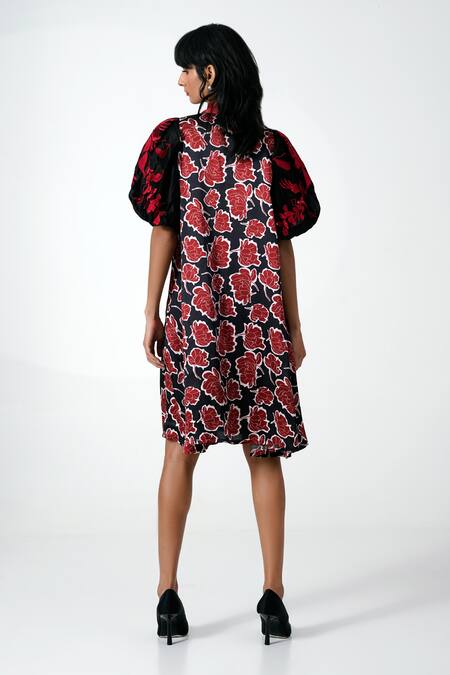 Shop_MADDER MUCH_Black Silk, Modal Embroidery Round Neck Floral Print Puffed Sleeves Dress _at_Aza_Fashions