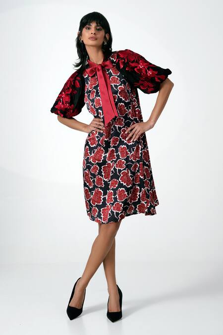 Buy_MADDER MUCH_Black Silk, Modal Embroidery Round Neck Floral Print Puffed Sleeves Dress _Online_at_Aza_Fashions