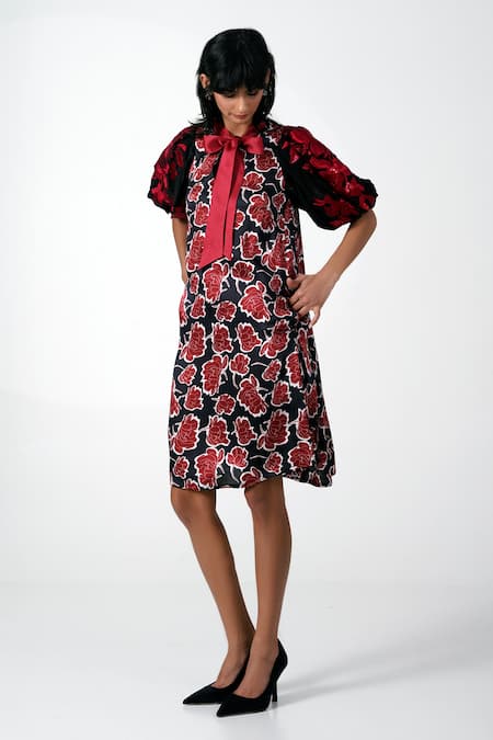 Shop_MADDER MUCH_Black Silk, Modal Embroidery Round Neck Floral Print Puffed Sleeves Dress _Online_at_Aza_Fashions