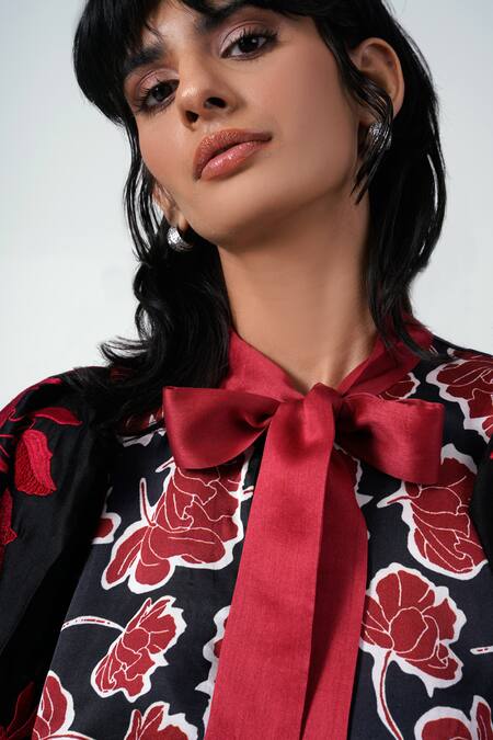 MADDER MUCH_Black Silk, Modal Embroidery Round Neck Floral Print Puffed Sleeves Dress _at_Aza_Fashions