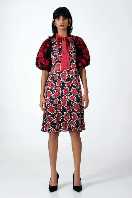 Buy_MADDER MUCH_Black Silk, Modal Embroidery Round Neck Floral Print Puffed Sleeves Dress 