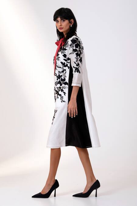 Madder Much_Black Chanderi Silk Embroidery High Neck And White Floral Print Midi Dress _Online_at_Aza_Fashions
