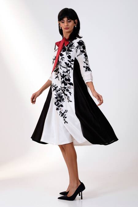 Buy_Madder Much_Black Chanderi Silk Embroidery High Neck And White Floral Print Midi Dress _Online_at_Aza_Fashions