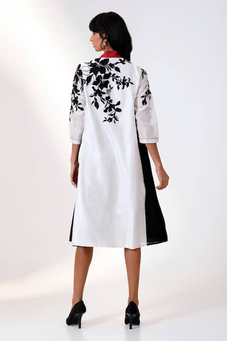 Shop_Madder Much_Black Chanderi Silk Embroidery High Neck And White Floral Print Midi Dress _at_Aza_Fashions