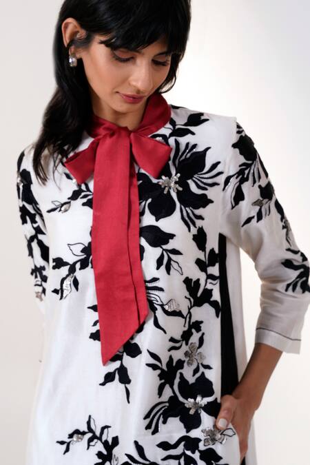 Madder Much_Black Chanderi Silk Embroidery High Neck And White Floral Print Midi Dress _at_Aza_Fashions