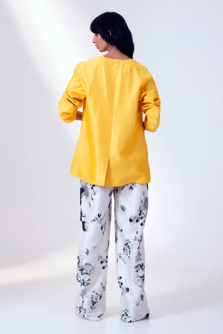 Shop Madder Much Yellow Chanderi Silk Embroidery Open Neck Floral Print Blazer And Pant Set at Aza Fashions Shop_Madder Much_Yellow Chanderi Silk Embroidery Open Neck Floral Print Blazer And Pant Set _at_Aza_Fashions
