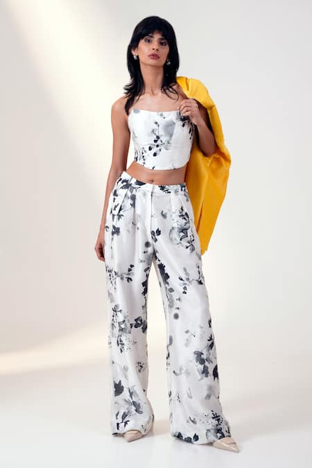 Shop Madder Much Yellow Chanderi Silk Embroidery Open Neck Floral Print Blazer And Pant Set Online at Aza Fashions Shop_Madder Much_Yellow Chanderi Silk Embroidery Open Neck Floral Print Blazer And Pant Set _Online_at_Aza_Fashions