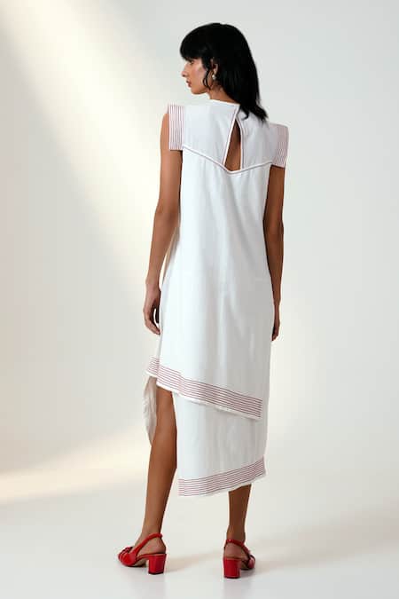 Shop Madder Much White Cotton Sequins, Embroidery Round Neck Asymmetric Floral Dress at Aza Fashions Shop_Madder Much_White Cotton Sequins, Embroidery Round Neck Asymmetric Floral Dress _at_Aza_Fashions