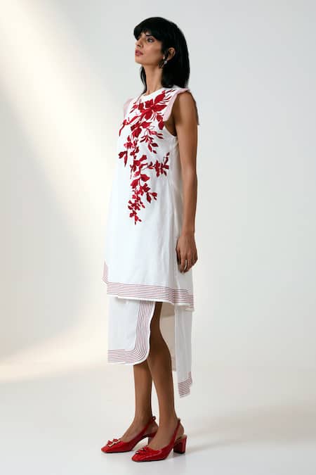 Madder Much White Cotton Sequins, Embroidery Round Neck Asymmetric Floral Dress Online at Aza Fashions Madder Much_White Cotton Sequins, Embroidery Round Neck Asymmetric Floral Dress _Online_at_Aza_Fashions