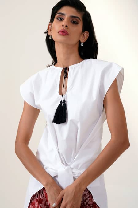 Madder Much White Chanderi Silk, Poplin Bows, Tassels Detail Top And Red Printed Pant Set Online at Aza Fashions Madder Much_White Chanderi Silk, Poplin Bows, Tassels Detail Top And Red Printed Pant Set _Online_at_Aza_Fashions