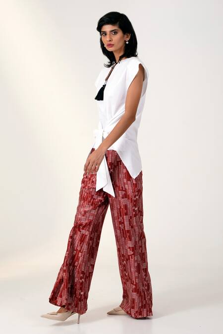 Buy Madder Much White Chanderi Silk, Poplin Bows, Tassels Detail Top And Red Printed Pant Set Online at Aza Fashions Buy_Madder Much_White Chanderi Silk, Poplin Bows, Tassels Detail Top And Red Printed Pant Set _Online_at_Aza_Fashions