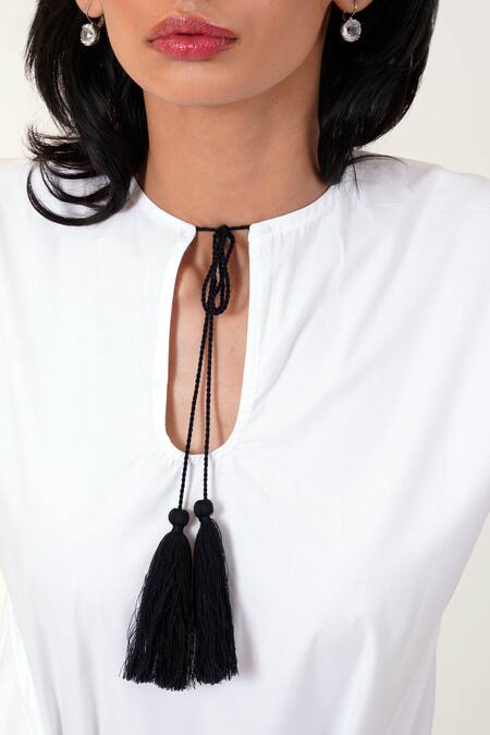 Shop Madder Much White Chanderi Silk, Poplin Bows, Tassels Detail Top And Red Printed Pant Set Online at Aza Fashions Shop_Madder Much_White Chanderi Silk, Poplin Bows, Tassels Detail Top And Red Printed Pant Set _Online_at_Aza_Fashions