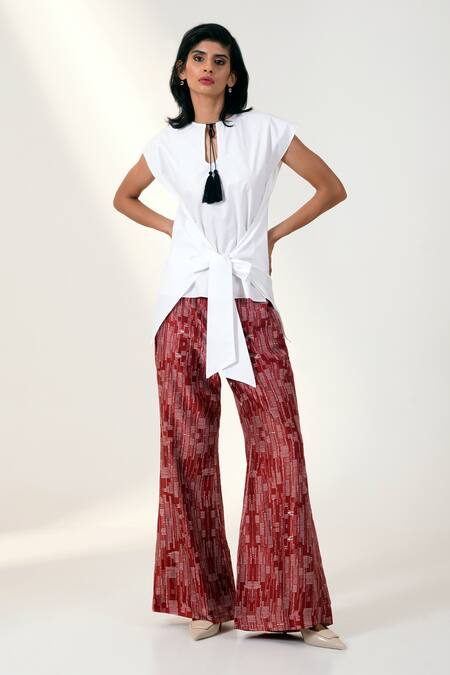 Madder Much White Chanderi Silk, Poplin Bows, Tassels Detail Top And Red Printed Pant Set at Aza Fashions Madder Much_White Chanderi Silk, Poplin Bows, Tassels Detail Top And Red Printed Pant Set _at_Aza_Fashions