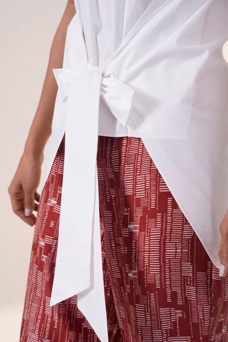 Buy Madder Much White Chanderi Silk, Poplin Bows, Tassels Detail Top And Red Printed Pant Set Buy_Madder Much_White Chanderi Silk, Poplin Bows, Tassels Detail Top And Red Printed Pant Set