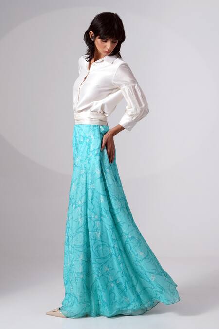 Madder Much_White Chiffon, Chanderi Silk Collared Gathered Shirt And Abstract Print Skirt Set _Online_at_Aza_Fashions