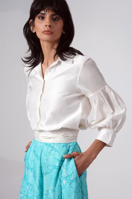 Buy_Madder Much_White Chiffon, Chanderi Silk Collared Gathered Shirt And Abstract Print Skirt Set _Online_at_Aza_Fashions