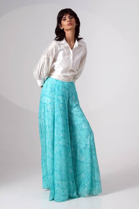 Shop_Madder Much_White Chiffon, Chanderi Silk Collared Gathered Shirt And Abstract Print Skirt Set _Online_at_Aza_Fashions