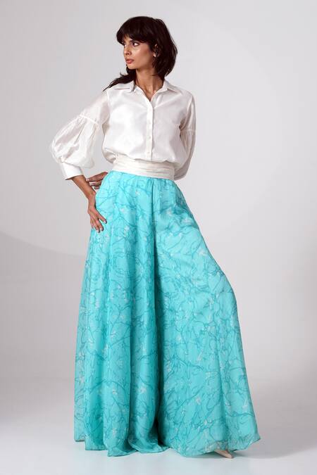 Madder Much_White Chiffon, Chanderi Silk Collared Gathered Shirt And Abstract Print Skirt Set _at_Aza_Fashions