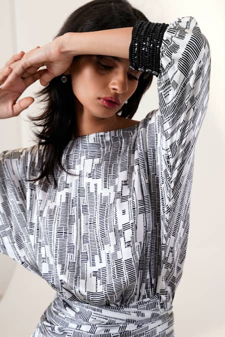 Madder Much Black Silk, Modal Beads Boat Neck Grey Geometric Print Dress With Belt Online at Aza Fashions Madder Much_Black Silk, Modal Beads Boat Neck Grey Geometric Print Dress With Belt _Online_at_Aza_Fashions