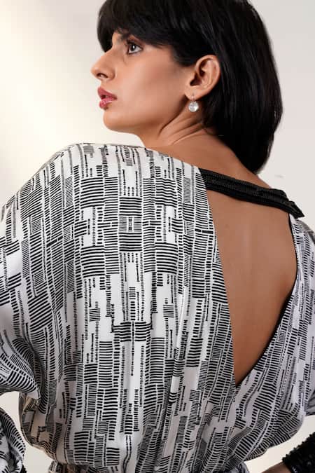 Shop Madder Much Black Silk, Modal Beads Boat Neck Grey Geometric Print Dress With Belt Online at Aza Fashions Shop_Madder Much_Black Silk, Modal Beads Boat Neck Grey Geometric Print Dress With Belt _Online_at_Aza_Fashions