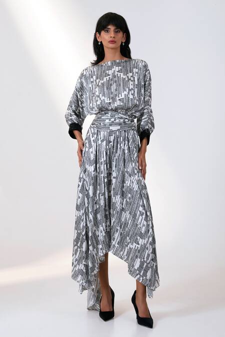 Madder Much Black Silk, Modal Beads Boat Neck Grey Geometric Print Dress With Belt at Aza Fashions Madder Much_Black Silk, Modal Beads Boat Neck Grey Geometric Print Dress With Belt _at_Aza_Fashions