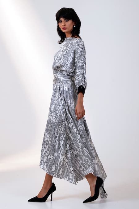 Shop Madder Much Black Silk, Modal Beads Boat Neck Grey Geometric Print Dress With Belt at Aza Fashions Shop_Madder Much_Black Silk, Modal Beads Boat Neck Grey Geometric Print Dress With Belt _at_Aza_Fashions