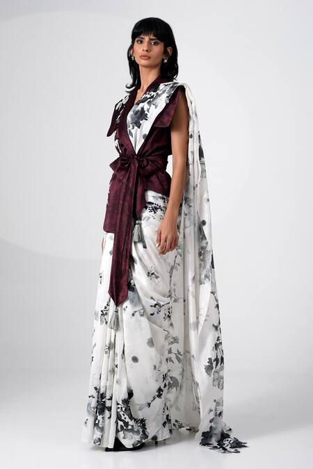 Madder Much_Black Chanderi Silk Embroidery Floral Printed Saree _Online_at_Aza_Fashions