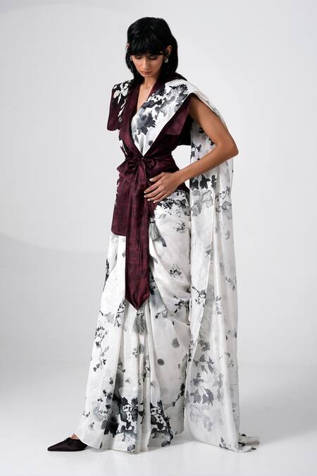 Buy_Madder Much_Black Chanderi Silk Embroidery Floral Printed Saree _Online_at_Aza_Fashions