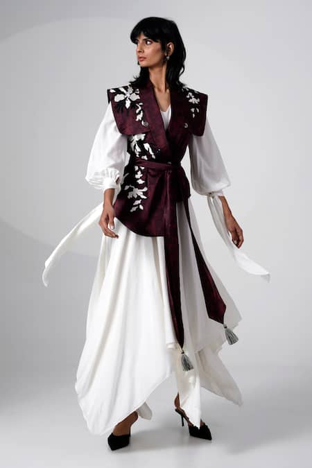 Madder Much Brown Embroidery, Sequins Shawl Neck Thread Designer Jacket Online at Aza Fashions Madder Much_Brown Embroidery, Sequins Shawl Neck Thread Designer Jacket _Online_at_Aza_Fashions